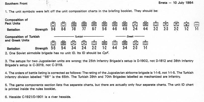 A scan of the 10 July 1984 errata for Southern Front.